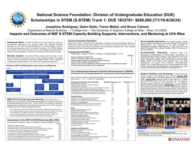 Poster: National Science Foundation: Division of Undergraduate Education (DUE) Scholarships in STEM (S-STEM) Track 1: DUE 1833781: $650,000 (7/1/19-6/30/24)