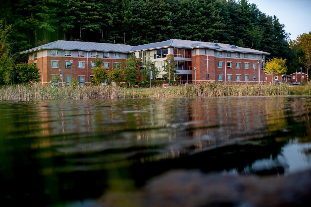 Lake and campus building