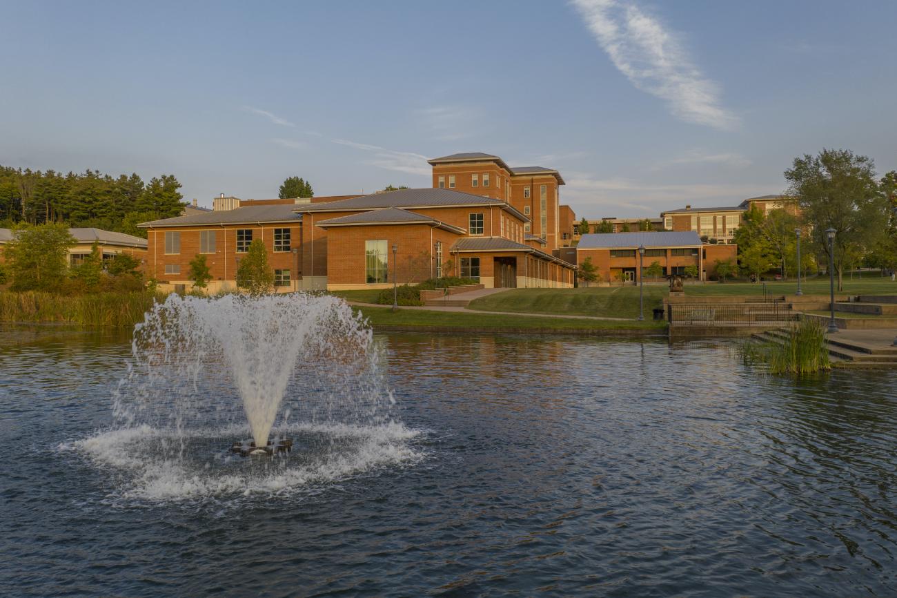 Lake with fountain view of campus