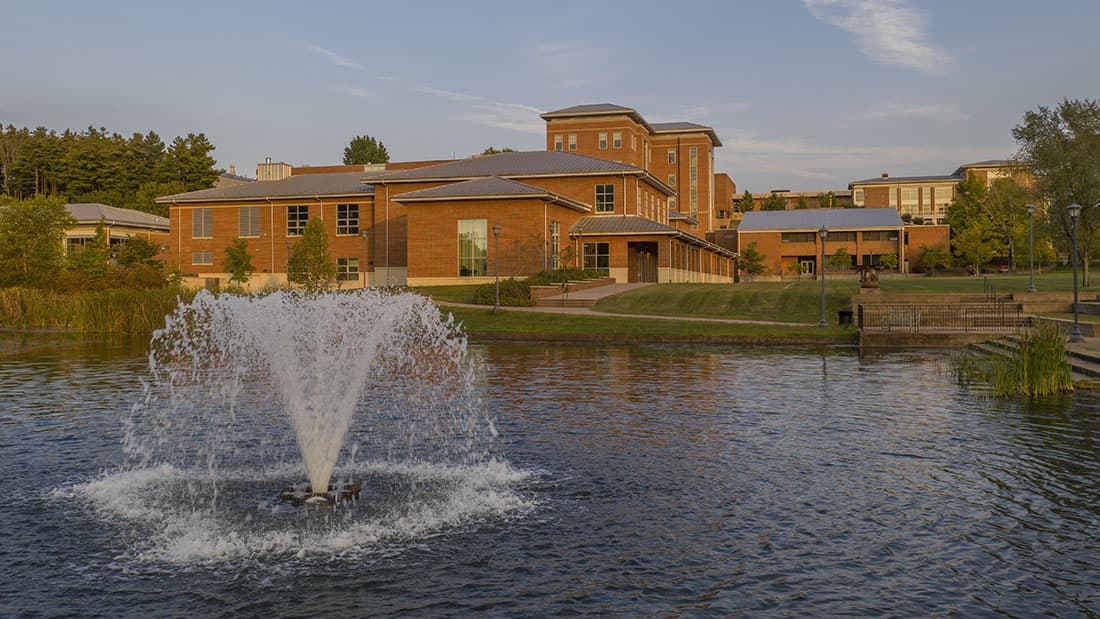 View of lake and fountain