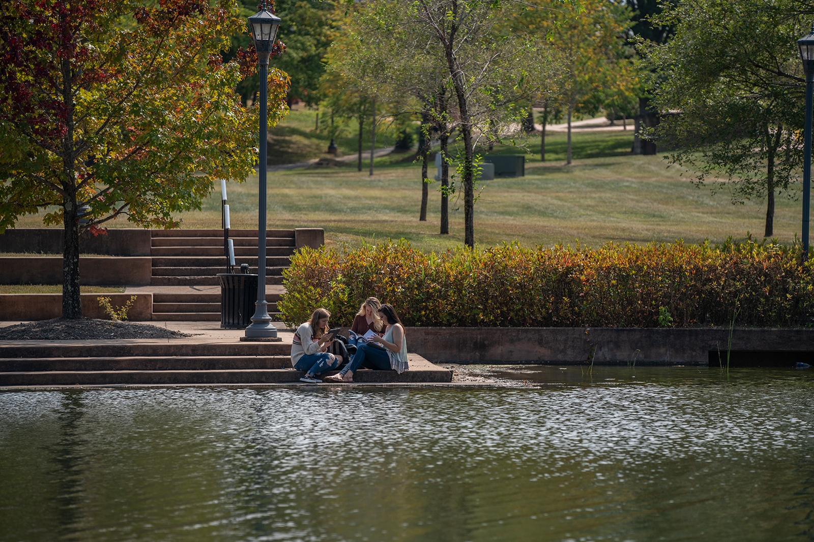 Students by lake