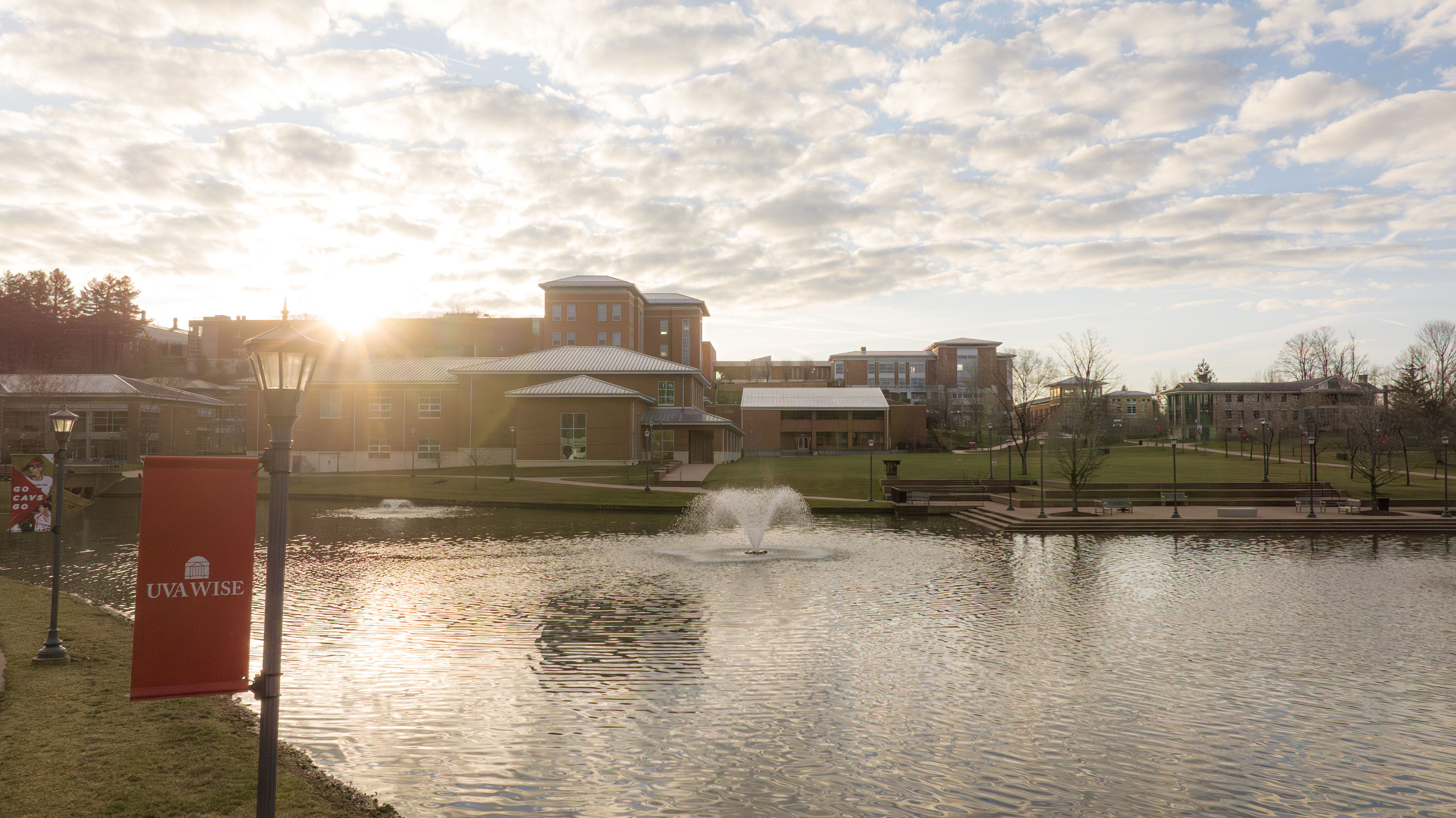 campus behind lake