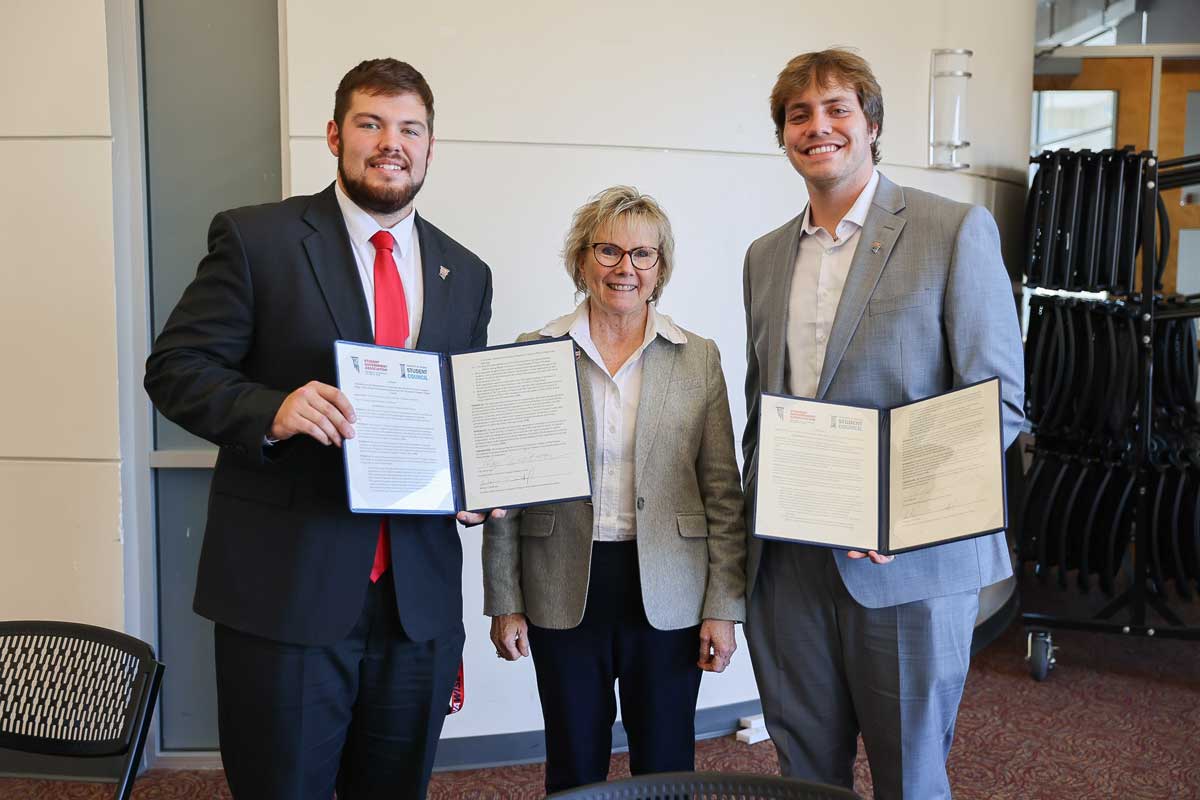 UVA Wise SGA President William Rudeseal, Chancellor Donna Henry, UVA Student Council President President Clay Dickerson