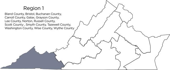 Map of Virginia with region one counties highlighted