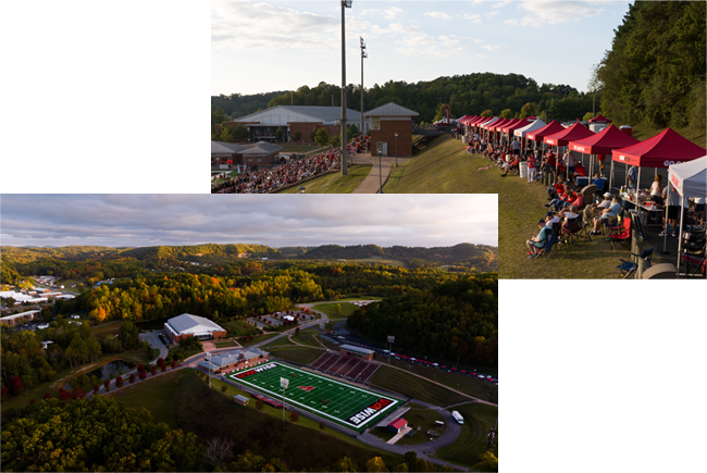 Aerial of field and tailgating area