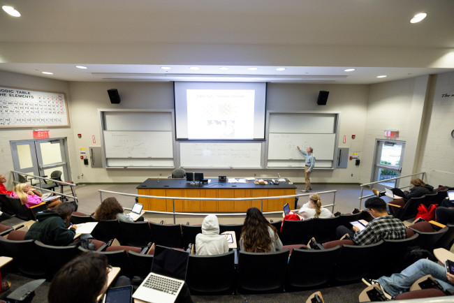 Students sitting in lecture hall during class