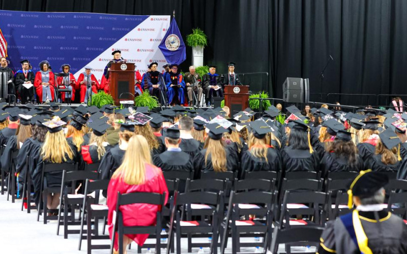 Students in Convocation Center seated for Commencement