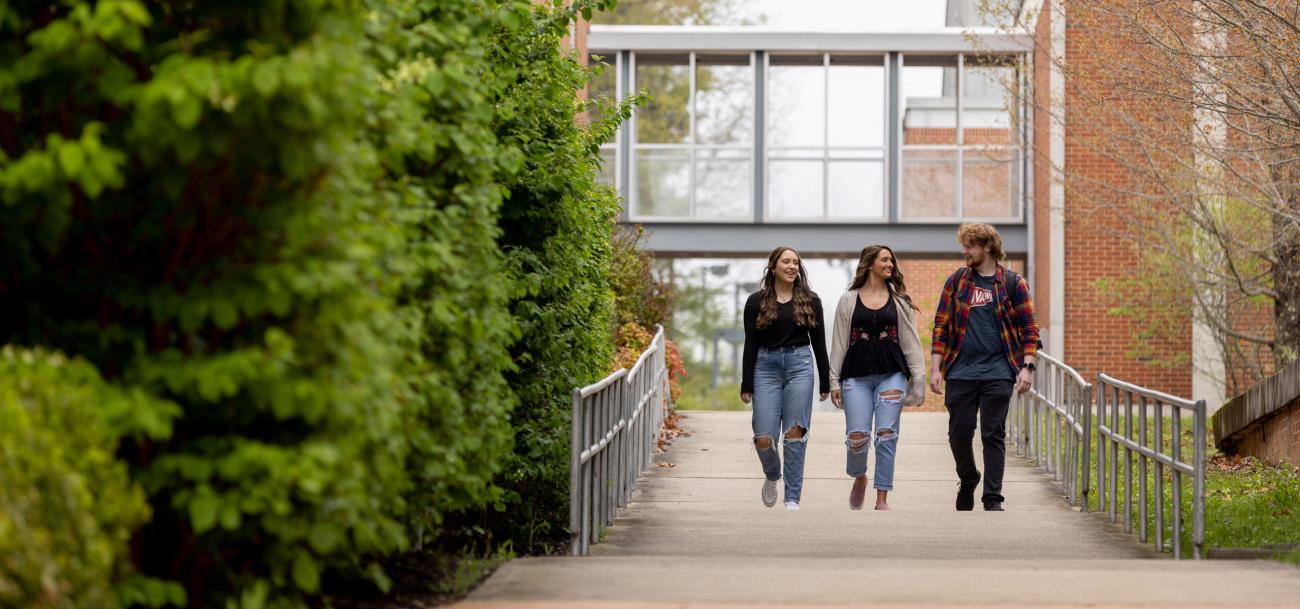 Students walking along sidewalk on campus