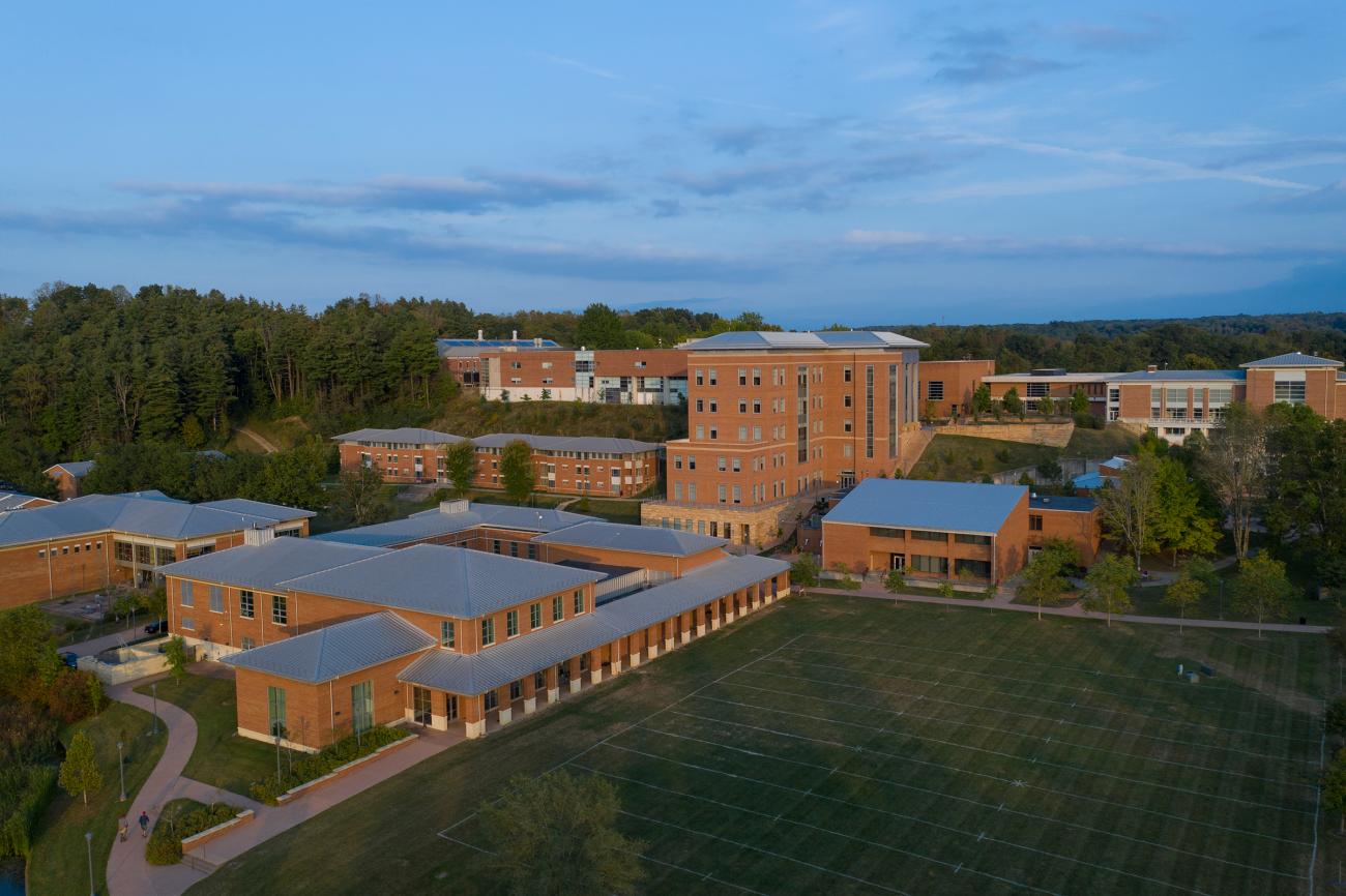 Drone shot of campus at dusk