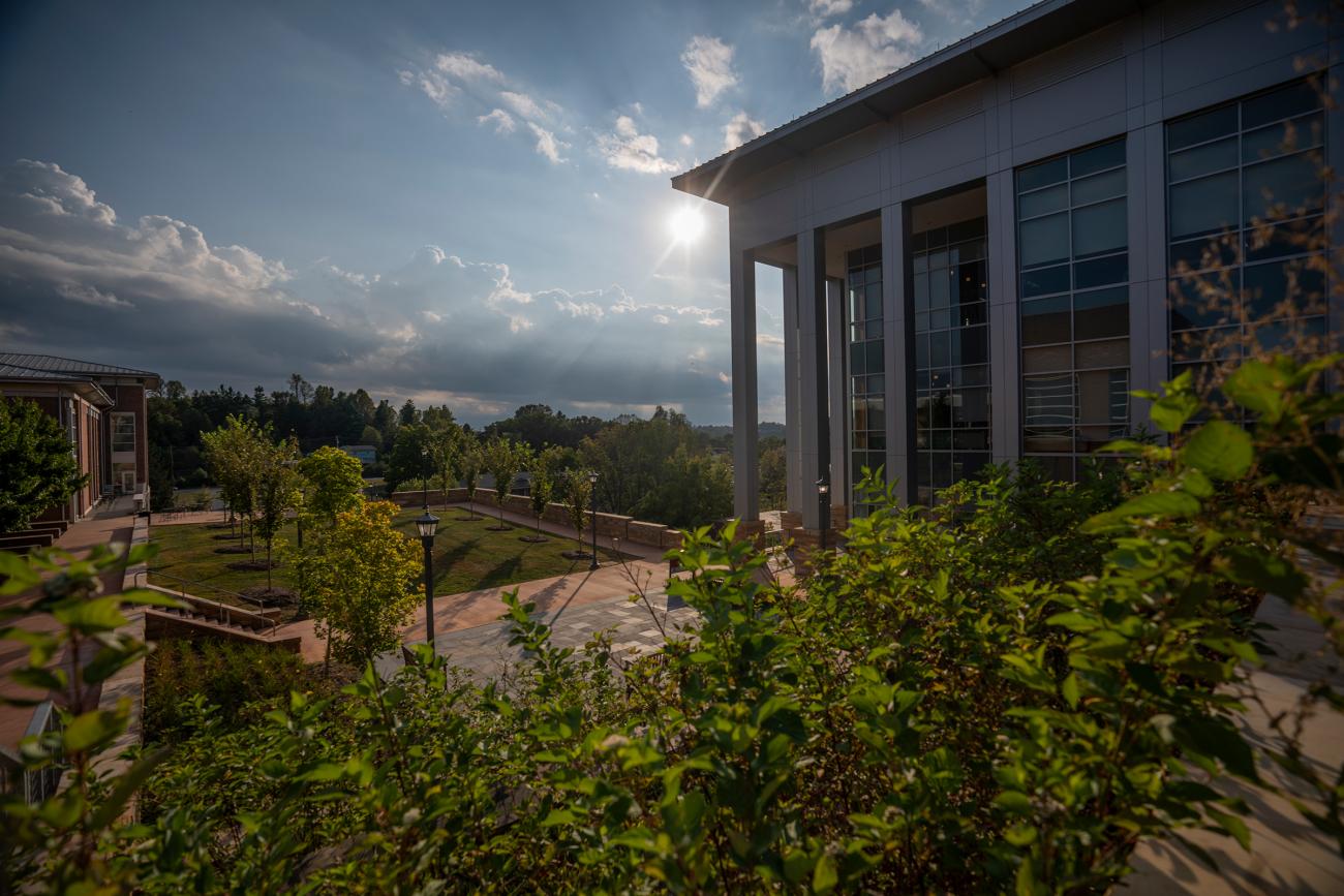 Sunset on campus with foliage