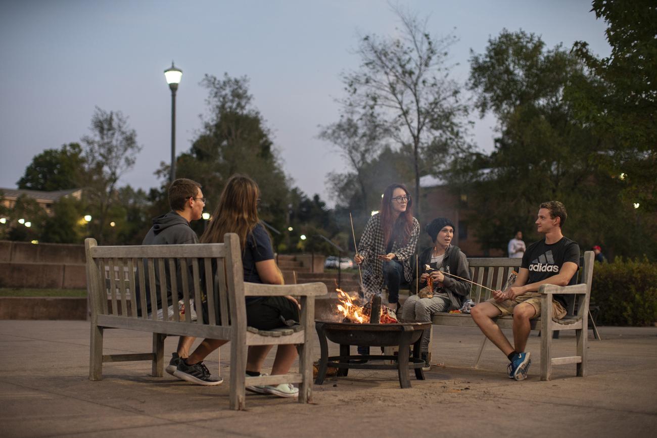 Students roasting marshmallows by fire