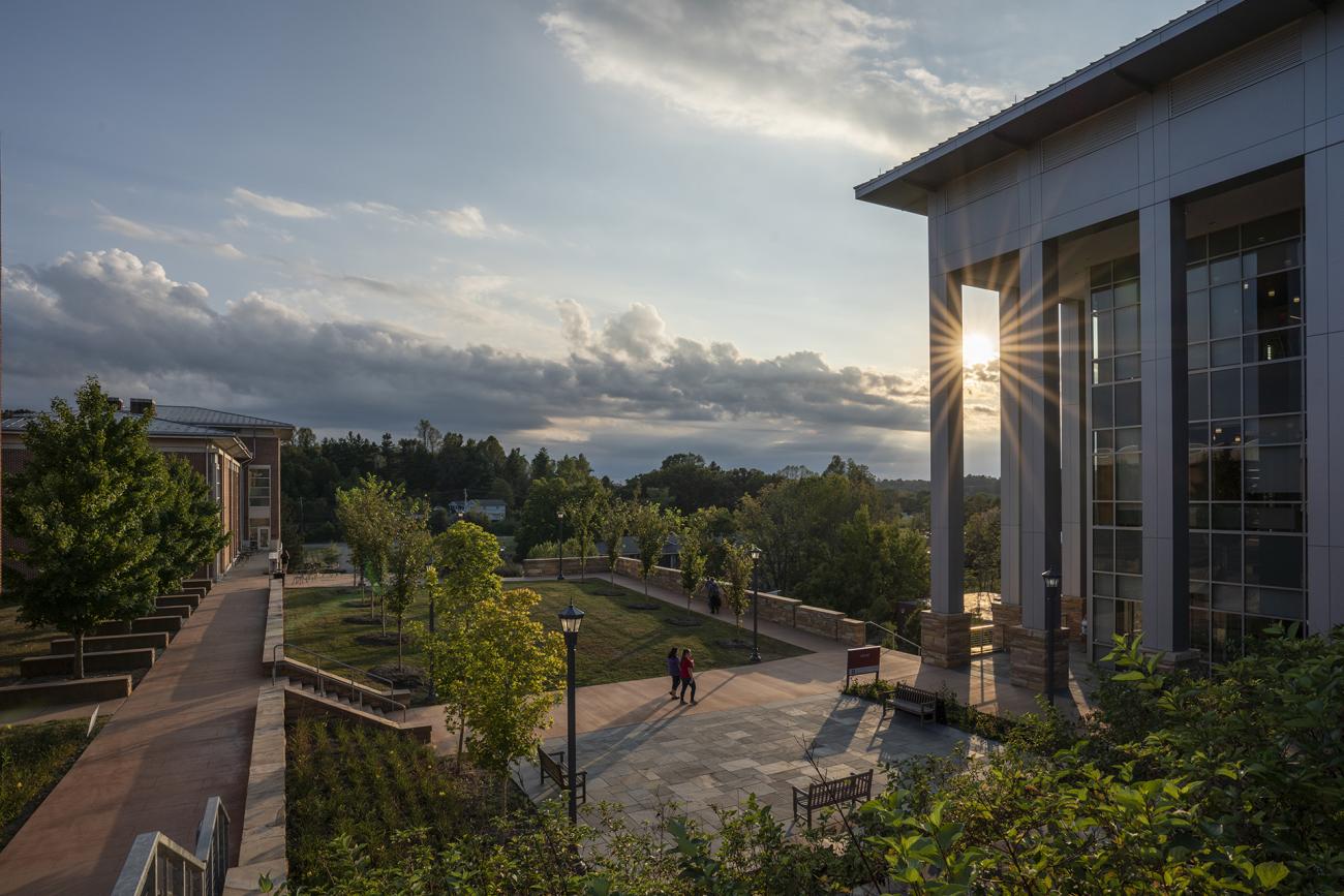 Campus building at sunset