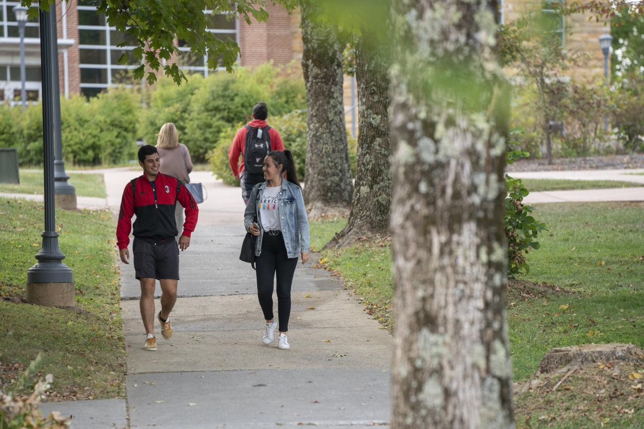 Students walking and talking on campus