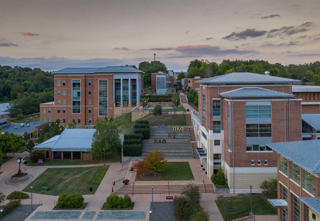 Campus with Greek Life letters on steps