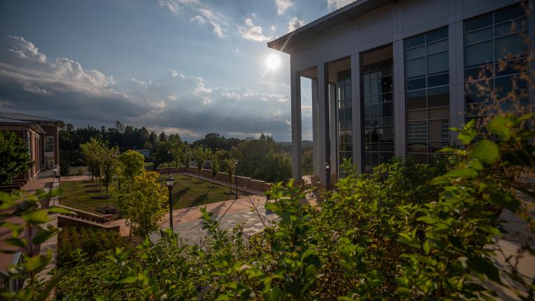 Sunset on campus with foliage