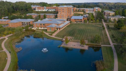 Shot of campus and lake from a drone