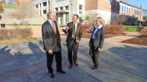 From left, University of Virginia Rector Whittington Clement, UVA President Jim Ryan and UVA Wise Chancellor Donna Henry converse at the Wise campus.