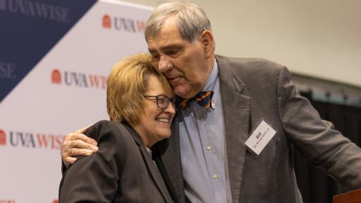 Vickie Ratliff received the William P. Kanto Memorial Award at the Forum on Education at UVA Wise Thursday evening.  Dr. William J. “Bill” Kanto Jr. who presented the award named for his father congratulates her.