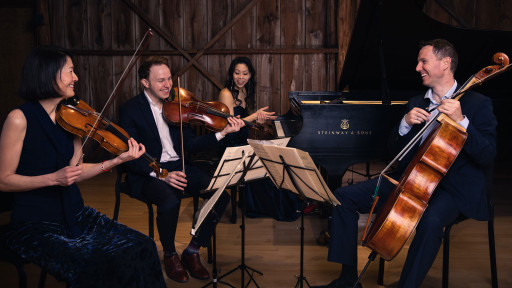 Members of Garth Newel Piano Quartet with instruments